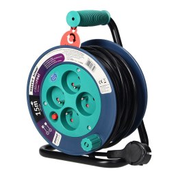 PRZEDŁUŻACZ BĘBNOWY MINI, 4 GNIAZDA 2P+Z, METALOWY STOJAK,  POLWINIT H05VV-F 3x1MM?, DŁUGOŚĆ 15M, TURKUSOWY
