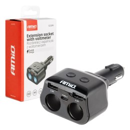 ROZDZIELACZ ROZGAŁĘŹNIK GNIAZDA ZA PALNICZKI 2x USB 1x USB-C 12V 24V + WOLTOMIERZ AMIO-04173