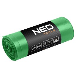 WORKI NA OD PADY 60 L, ZIELONE Z TAŚMĄ, 35 MIC, 10 SZT.