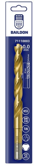 WIERTŁO DO METALU BAILDON DIN 338 RN 10 MM, HSS TIN (S), 133-87 MM (CHWYT 3- PŁASZCZYZNOWY)