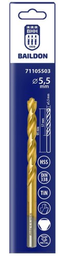 WIERTŁO DO METALU BAILDON DIN 338 RN 5,5 MM, HSS TIN (S), 93-57 MM (CHWYT 3- PŁASZCZYZNOWY)