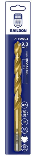 WIERTŁO DO METALU BAILDON DIN 338 RN 9 MM, HSS TIN (S), 125-81 MM (CHWYT 3- PŁASZCZYZNOWY)