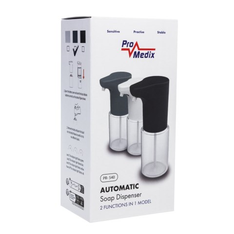 AUTOMATYCZNY DOZOWNIK PROMEDIx, POJEMNIK DYS PENSER DO PŁYNNYCH MYDEŁ, PŁYNÓW DEZYNFEKUJĄCYCH, 300ML, 4xAA, SZARY, PR-540 GR AUTOMATYCZNY DOZOWNIK PROMEDIx, POJEMNIK DYS PENSER DO PŁYNNYCH MYDEŁ, PŁYNÓW DEZYNFEKUJĄCYCH, 300ML, 4xAA, SZARY, PR-540 GR