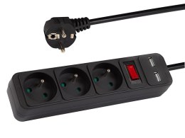 98-774# PRZEDŁUŻACZ SIECIOWY  PR-370WS P/USB 3-GNIAZDA+USB Z UZIEMIENIEM+WYŁĄCZNIK 1,5M CZARNY 3x1,5MM
