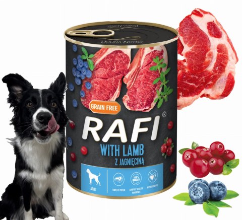 Karma Mokra Dla Psów RAFI z Jagnięciną, Borówką i Żurawiną 400g - 48 szt. Karma Mokra Dla Psów RAFI z Jagnięciną, Borówką i Żurawiną 400g - 48 szt.
