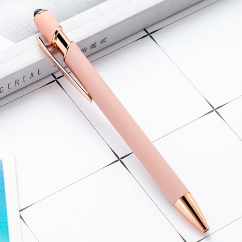 DŁUGOPIS METALOWY, TUSZ CZARNY, TOUCH PEN SOFT TOUCH PUDROWY RÓŻ DL04