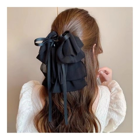 DUŻA WARSTWOWA KOKARDA TIULOWA, SPINKA DO WŁOSÓW, KLAMRA CZARNA XL SP335