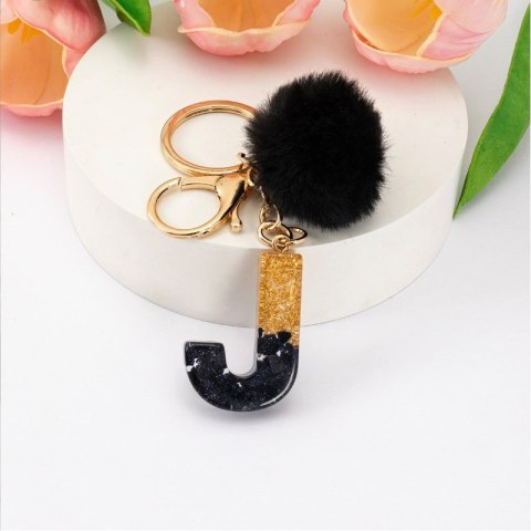 BRELOK DO KLUCZY LITERKA "J" CZARNO-ZŁOTA Z POMPONEM, ŻYWICA BRL342J