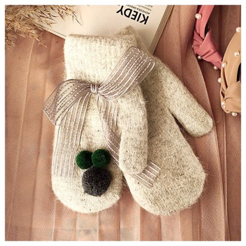 RĘKAWICZKI CUTE POMPONY KOKARDA SZARE REK127