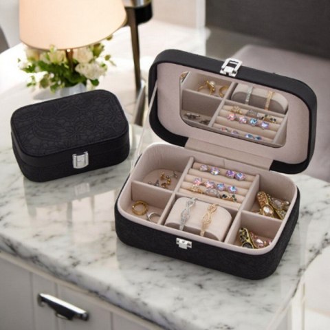 SZKATUŁKA NA BIŻUTERIĘ, ETUI, ORGANIZER, PUDEŁKO CZARNA KORONKA PD157CZ