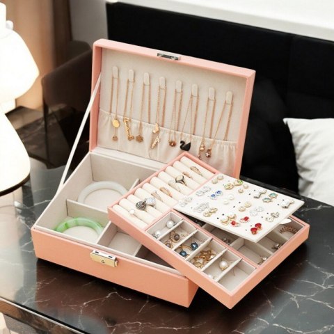 SZKATUŁKA NA BIŻUTERIĘ, ETUI, ORGANIZER, PUDEŁKO RÓŻOWA PD155R