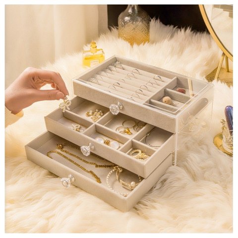 SZKATUŁKA NA BIŻUTERIĘ, KUFEREK TRANSPARENTNY WELUROWY KREM DIAMONDS 3 SZUFLADY PD152K