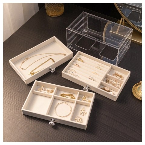 SZKATUŁKA NA BIŻUTERIĘ, KUFEREK TRANSPARENTNY WELUROWY KREM DIAMONDS 3 SZUFLADY PD152K