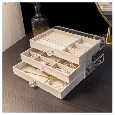 SZKATUŁKA NA BIŻUTERIĘ, KUFEREK TRANSPARENTNY WELUROWY KREM DIAMONDS 3 SZUFLADY PD152K