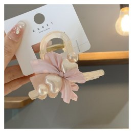 SPINKA KLAMRA DO WŁOSÓW XL KOKARDA I PERŁOWE SERCA RÓŻ 11,5 CM SP372