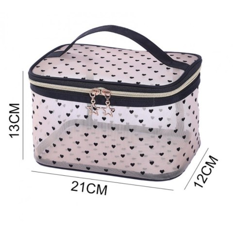 KOSMETYCZKA DAMSKA KUFEREK TRANSPARENTNA CZARNE SERCA 13CM X 21CM KS125