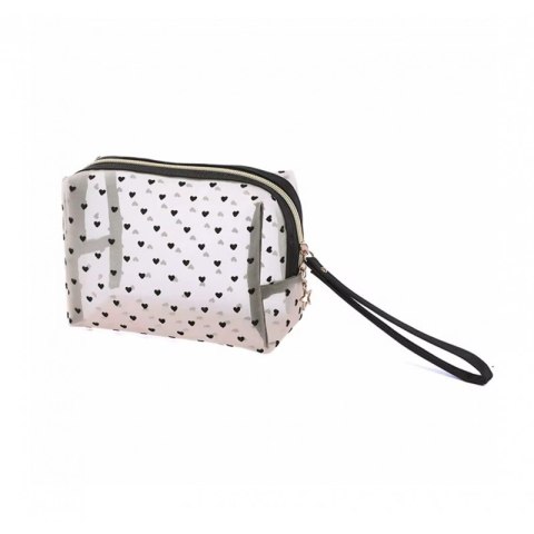 KOSMETYCZKA DAMSKA TRANSPARENTNA CZARNE SERCA 12CM X 18CM KS126