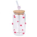 SZKLANKA, RÓŻOWE KOKARDKI Z CYRKONIAMI - Z RURKĄ I BAMBUSOWĄ POKRYWKĄ 460 ML - SZK135