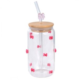 SZKLANKA, RÓŻOWE KOKARDKI Z CYRKONIAMI - Z RURKĄ I BAMBUSOWĄ POKRYWKĄ 460 ML - SZK135