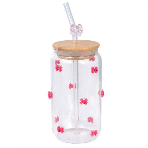 SZKLANKA, RÓŻOWE KOKARDKI Z CYRKONIAMI - Z RURKĄ I BAMBUSOWĄ POKRYWKĄ 460 ML - SZK135