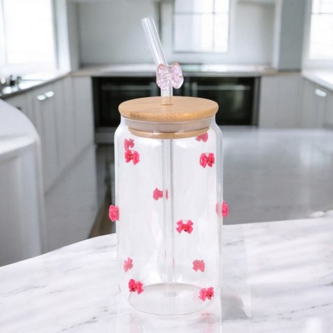 SZKLANKA, RÓŻOWE KOKARDKI Z CYRKONIAMI - Z RURKĄ I BAMBUSOWĄ POKRYWKĄ 460 ML - SZK135