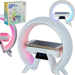 LAMPKA LED RGB 4W1 Z ŁADOWARKĄ INDUKCYJNĄ BEZPRZEWODOWA GŁOŚNIK BLUETOOTH BUDZIK RADIO FM BIAŁA