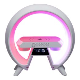 LAMPKA LED RGB 4W1 Z ŁADOWARKĄ INDUKCYJNĄ BEZPRZEWODOWA GŁOŚNIK BLUETOOTH BUDZIK RADIO FM BIAŁA