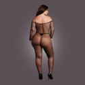 Bodystocking with off shoulder neckline, fishnet structure and open crotch.