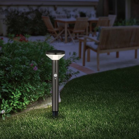 Solarna lampa LED Maclean, z czujnikiem, 3 tryby, wbijana, Li-ion 18650, IP44, 3,7V, 1200 mAh, Czarna, MCE465 B Solarna lampa LED Maclean, z czujnikiem, 3 tryby, wbijana, Li-ion 18650, IP44, 3,7V, 1200 mAh, Czarna, MCE465 B
