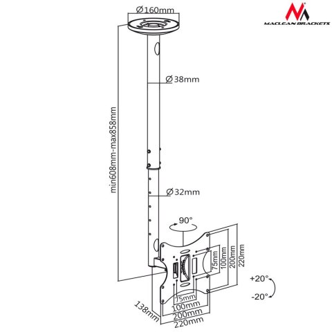 Uchwyt do telewizora sufitowy Maclean, 23-42", 50 - 85 cm, 30kg, czarny, MC-504A B Uchwyt do telewizora sufitowy Maclean, 23-42", 50 - 85 cm, 30kg, czarny, MC-504A B