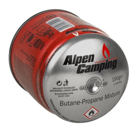 Kartusz gazowy 190G IK006 Alpen Camping. certyfikat: Pi 0437, zgodny z normą EN417, propan-butan, zakres -10°c do+ 40°c, system Kartusz gazowy 190G IK006 Alpen Camping. certyfikat: Pi 0437, zgodny z normą EN417, propan-butan, zakres -10°c do+ 40°c, system