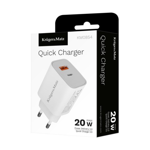Ładowarka sieciowa Kruger&Matz GaN dual USB z funkcją Power Delivery i Quick Charge Ładowarka sieciowa Kruger&Matz GaN dual USB z funkcją Power Delivery i Quick Charge