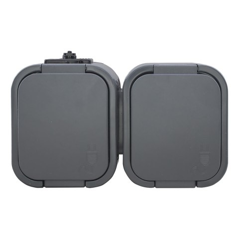 Gniazdo podwójne n/t 2P+Z, Schuko, bryzgoszczelne z klapką B2, IP54, NT-7B2, szary Gniazdo podwójne n/t 2P+Z, Schuko, bryzgoszczelne z klapką B2, IP54, NT-7B2, szary