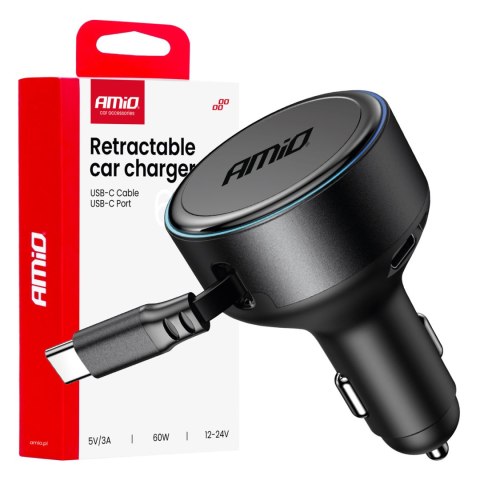 Ładowarka samochodowa ze zwijanym kablem typu c + usb-c 12v 24v 60w amio-04368 Ładowarka samochodowa ze zwijanym kablem typu c + usb-c 12v 24v 60w amio-04368