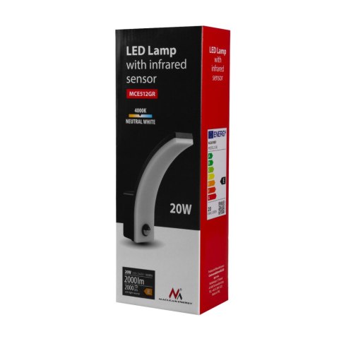 Lampa LED z czujnikiem ruchu Maclean, czujnik ruchu PIR, kolor szary, 20W, IP65, 2000lm, barwa neutralna biała (4000K) MCE512 GR Lampa LED z czujnikiem ruchu Maclean, czujnik ruchu PIR, kolor szary, 20W, IP65, 2000lm, barwa neutralna biała (4000K) MCE512 GR
