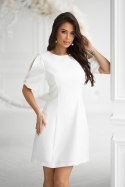 ELEGANCKA SUKIENKA A-LINE Z PODSZEWKĄ I OZDOBNYMI RĘKAWAMI - Ecru