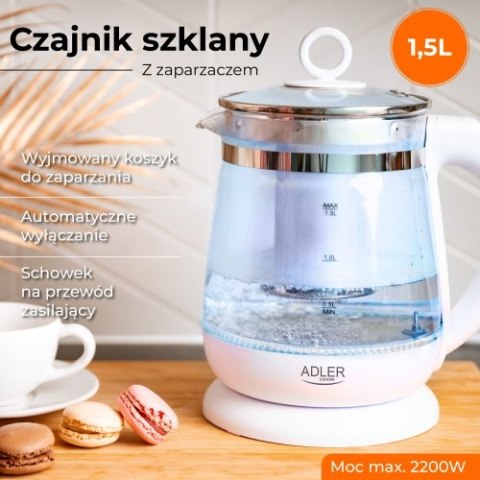 AD 1299 white Czajnik szklany 1,5 l z zaparzaczem oraz regulacją temp. AD 1299 white Czajnik szklany 1,5 l z zaparzaczem oraz regulacją temp.