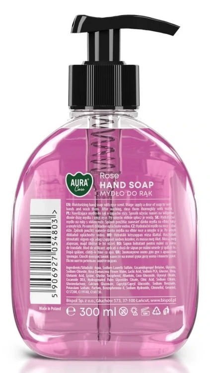 AURA Care Mydło Do Rąk Nawilżające Róża 300 ml Z Dozownikiem AHS-001-001 AURA Care Mydło Do Rąk Nawilżające Róża 300 ml Z Dozownikiem AHS-001-001