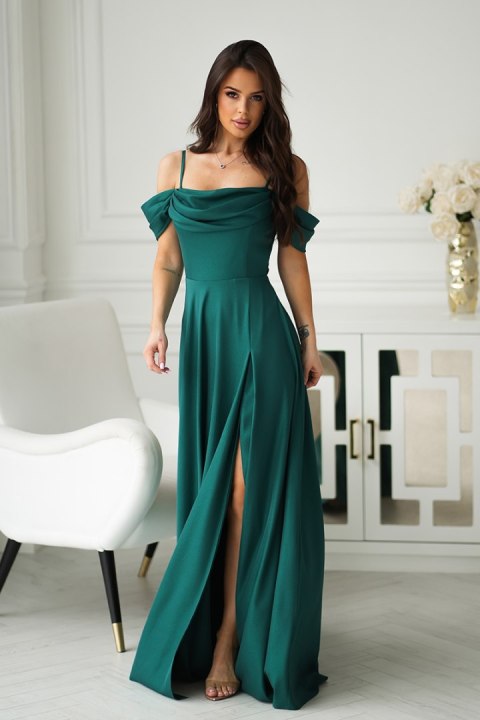 ELEGANCKA SUKNIENKA Z DRAPOWANIEM, ROZCIĘCIEM I BŁYSZCZĄCĄ TKANINĄ - butelkowy ELEGANCKA SUKNIENKA Z DRAPOWANIEM, ROZCIĘCIEM I BŁYSZCZĄCĄ TKANINĄ - butelkowy