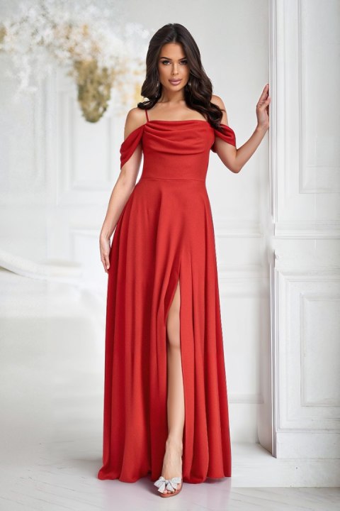 ELEGANCKA SUKNIENKA Z DRAPOWANIEM, ROZCIĘCIEM I BŁYSZCZĄCĄ TKANINĄ - czerwony ELEGANCKA SUKNIENKA Z DRAPOWANIEM, ROZCIĘCIEM I BŁYSZCZĄCĄ TKANINĄ - czerwony