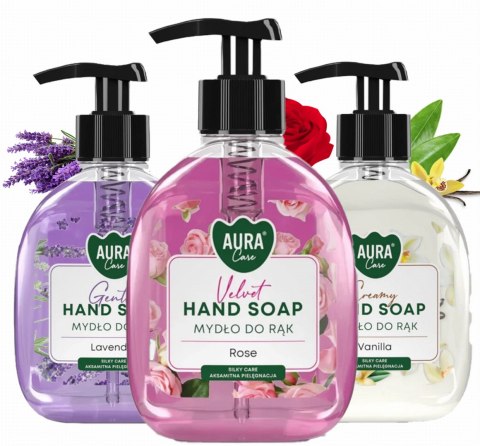 Zestaw 3x300 ml AURA Care Mydło Do Rąk Z Dozownikiem Lawenda Róża Wanilia Zestaw 3x300 ml AURA Care Mydło Do Rąk Z Dozownikiem Lawenda Róża Wanilia