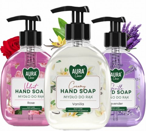 Zestaw 3x300 ml AURA Care Mydło Do Rąk Z Dozownikiem Lawenda Róża Wanilia Zestaw 3x300 ml AURA Care Mydło Do Rąk Z Dozownikiem Lawenda Róża Wanilia