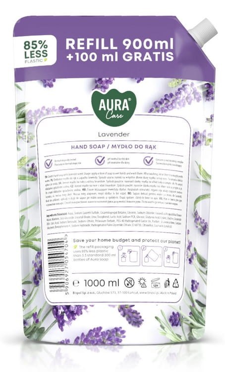 AURA Care Mydło Do Rąk Delikatne Lawenda 1000 ml Uzupełniające AHS-002-002 AURA Care Mydło Do Rąk Delikatne Lawenda 1000 ml Uzupełniające AHS-002-002