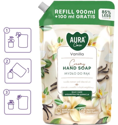 AURA Care Mydło Do Rąk Kremowe Wanilia 1000 ml Uzupełniające AHS-002-003 AURA Care Mydło Do Rąk Kremowe Wanilia 1000 ml Uzupełniające AHS-002-003