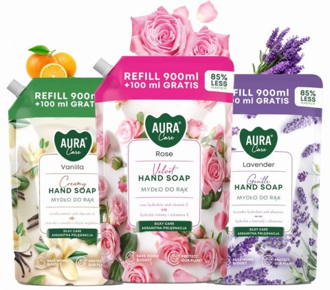 Zestaw 3x1000 ml AURA Care Mydło Do Rąk Uzupełniające Lawenda Róża Wanilia Zestaw 3x1000 ml AURA Care Mydło Do Rąk Uzupełniające Lawenda Róża Wanilia