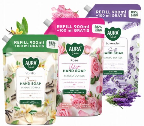 Zestaw 3x1000 ml AURA Care Mydło Do Rąk Uzupełniające Lawenda Róża Wanilia Zestaw 3x1000 ml AURA Care Mydło Do Rąk Uzupełniające Lawenda Róża Wanilia