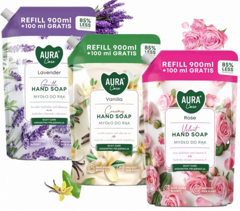 Zestaw 3x1000 ml AURA Care Mydło Do Rąk Uzupełniające Lawenda Róża Wanilia Zestaw 3x1000 ml AURA Care Mydło Do Rąk Uzupełniające Lawenda Róża Wanilia
