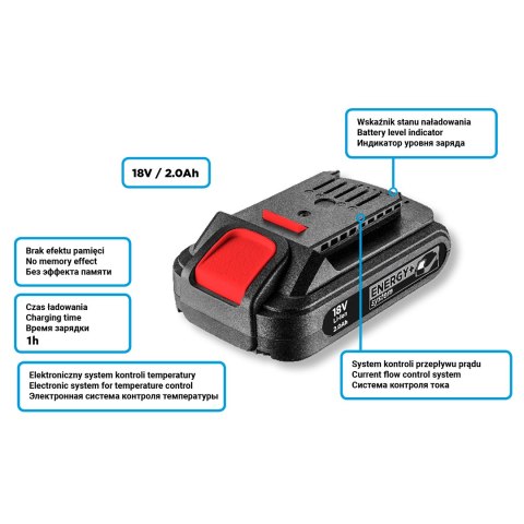 Wiertarko-wkrętarka akumulatorowa Energy+ 18V, Li-Ion, uchwyt 10 mm, aku 2Ah, ład, karton Wiertarko-wkrętarka akumulatorowa Energy+ 18V, Li-Ion, uchwyt 10 mm, aku 2Ah, ład, karton