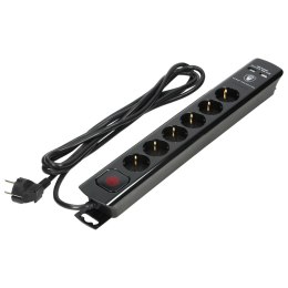 Listwa przeciwprzepięciowa, 6 gniazd 2P+Z (Schuko), kabel 3x1,5mm?, długość 3m, czarna, 16A/230 VAC, z ochronnikiem przeciwprzep