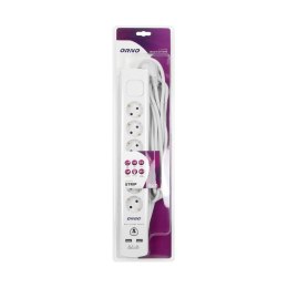 Listwa przeciwprzepięciowa, 6 gniazd 2P+Z (schuko), kabel 3x1,5mm?, długość 3m, z wyłącznikiem podświetlanym dwutorowym. 16A/230